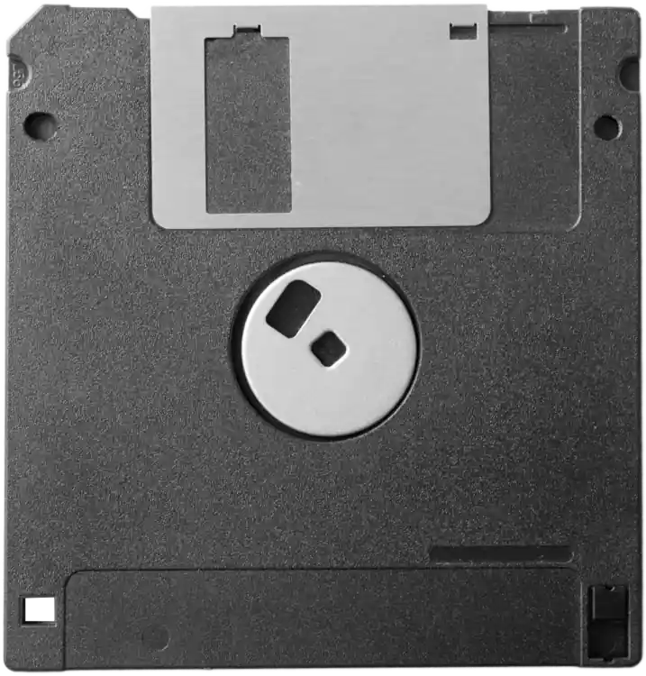 An image of a floppy disk. The caption reads: This is a floppy disk.